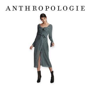 Anthropologie Plaid Midi Dress Evergreen White Faux Wrap Long Sleeve Size S NWT